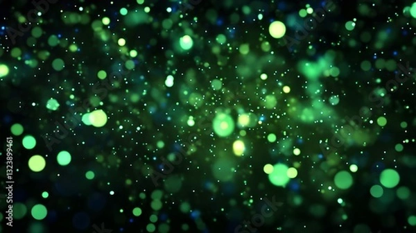 Fototapeta Black background with glowing green and blue particles, futuristic technology atmosphere.