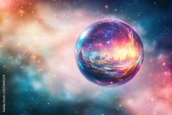Fototapeta A mesmerizing cosmic sphere containing a surreal landscape with towering peaks and vibrant colors, floating amidst a nebula of stars and colorful clouds.