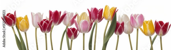 Fototapeta "Experience the elegance of spring.  
Vivid tulips gracefully arranged against a pure white background,  
highlighting the delicate beauty of seasonal blooms."