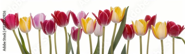 Fototapeta "Experience the elegance of spring.  
Vivid tulips gracefully arranged against a pure white background,  
highlighting the delicate beauty of seasonal blooms."