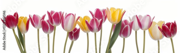 Fototapeta "Experience the elegance of spring.  
Vivid tulips gracefully arranged against a pure white background,  
highlighting the delicate beauty of seasonal blooms."