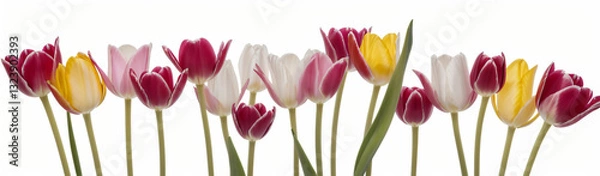 Fototapeta "Experience the elegance of spring.  
Vivid tulips gracefully arranged against a pure white background,  
highlighting the delicate beauty of seasonal blooms."