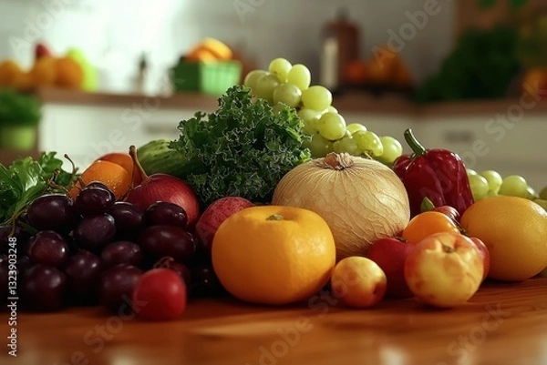 Obraz A beautiful display of fresh fruits and vegetables on a wooden surface, with a backdrop of a bright and modern kitchen, showcasing healthy and vibrant produce.