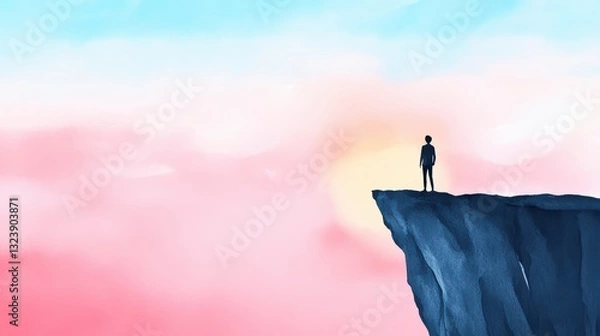 Fototapeta Concept of Personal Growth with Individual Standing on a Mountain Peak Overlooking a Cloudy Sky