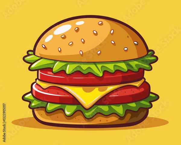 Fototapeta juicy cheeseburger with melted cheese, lettuce, and tomato, on a solid yellow background.