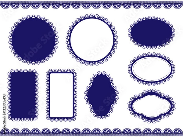 Fototapeta いろんな形のレースフレーム　紺
