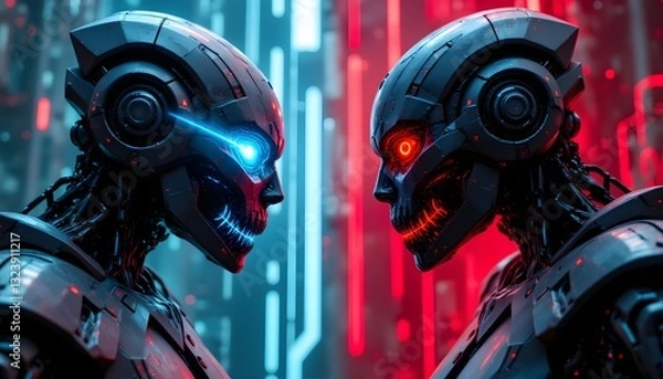 Fototapeta In this digital illustration, two futuristic AI robots face off in a battle between good and bad artificial intelligence