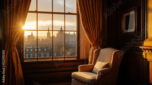 Fototapeta Cozy Reading Nook with a Historic Edinburgh City View Through a Window