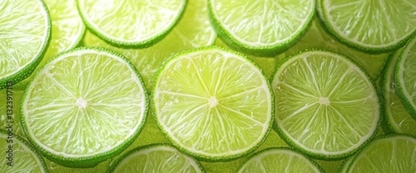 Fototapeta Fresh green lime slices arranged in a seamless pattern with juicy texture and translucent effect