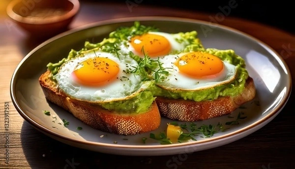 Obraz Delicious Breakfast Plate – Fried Eggs on Toast with Avocado and Herbs