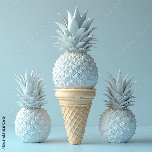 Obraz Surreal Minimalist Design Three Textured White Fruits Pineapples Waffle Cone Pastel Blue Background