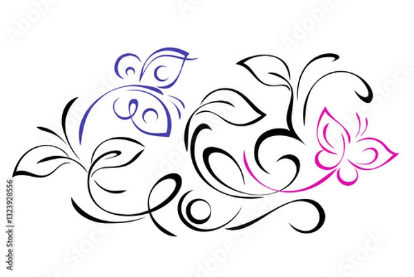 Fototapeta decorative element with fluttering stylized butterflies and ornate leafy pattern; graphic design