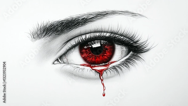Fototapeta red liquid blood tear from female eye close up sorrow concept