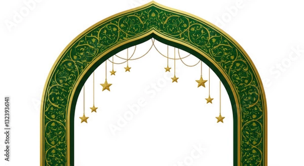 Fototapeta Ornate archway with green floral patterns and gold borders on a white background