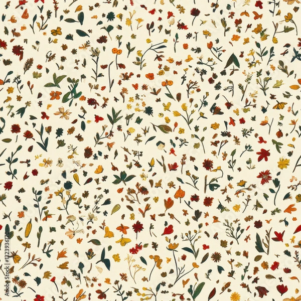 Fototapeta A pattern of small, hand-drawn illustrations of wildflowers and plants scattered across the surface. The color palette is warm with earthy tones 