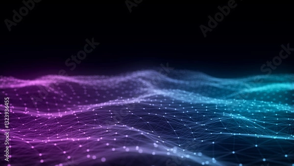Fototapeta Color abstract wave background with dots and lines moving in space. Technology illustration. Futuristic modern dynamic wave. 3d rendering.