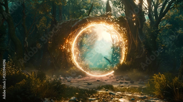 Fototapeta A mysterious portal in the middle of a forest, with swirling energy and a glimpse of another world beyond.