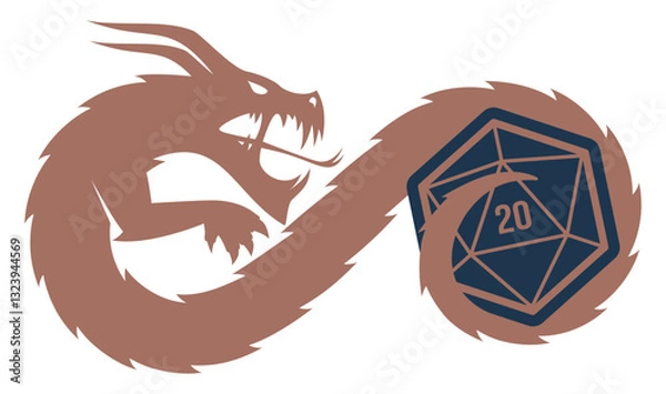 Obraz Vector stylized brown dragon curled into an infinity shape surrounds a blue 20-sided die (d20) with the number 20. A simple illustration for role-playing and fantasy games.