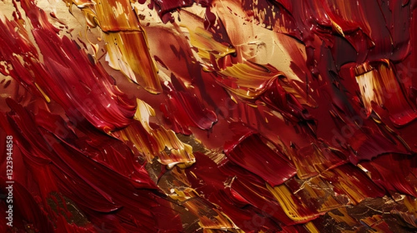 Fototapeta Powerful and chaotic brushstrokes of crimson and gold create an emotionally stirring abstract expressionist artwork.