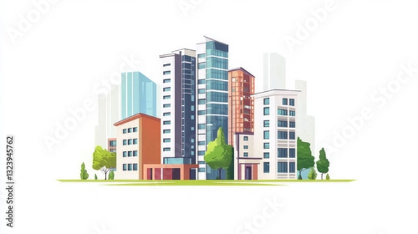 Fototapeta Modern urban real estate development with buildings and green space in a city landscape