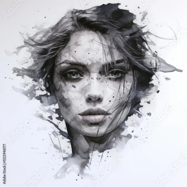 Fototapeta A stunning monochrome watercolor portrait of a woman, featuring expressive brushstrokes and flowing ink drips. The artwork captures raw emotion with deep eyes and striking contrasts.
