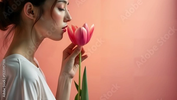 Obraz Woman in a Serene Garden of Tulips