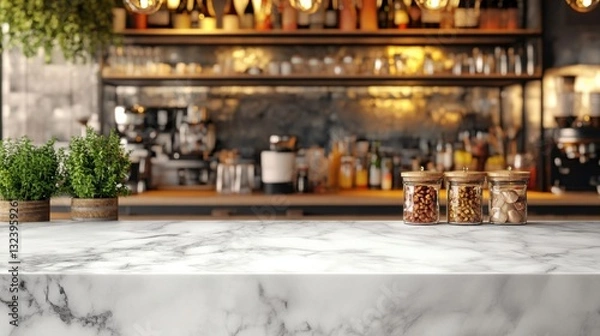 Fototapeta Marble Countertop in Modern Bar Setting with Jars of Nuts