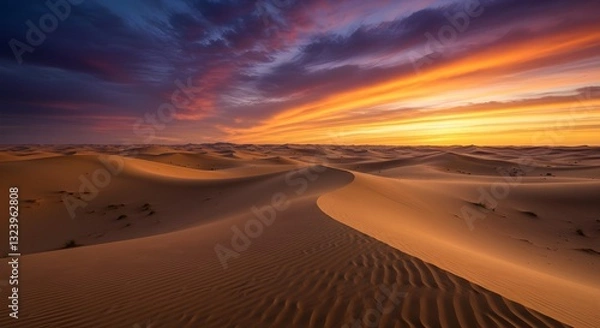 Fototapeta Magnificent desert landscape with stunning sunset, showcasing golden sand dunes and colorful clouds, creating a serene atmosphere