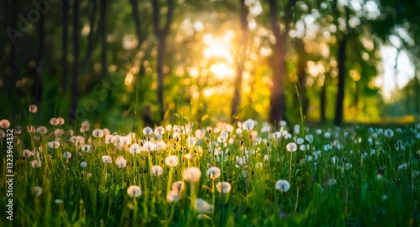 Fototapeta Sunlight streams through trees, illuminating a field of fluffy white dandelions in a lush green forest.  A peaceful and serene nature scene in golden light.