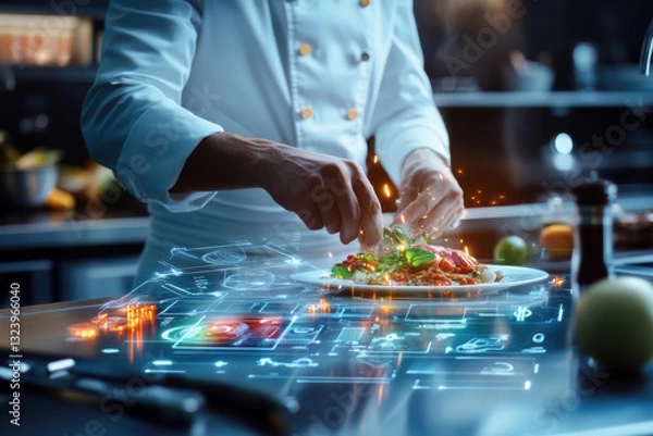 Fototapeta Futuristic Chef Using Holographic Interface for Gourmet Dish Preparation
