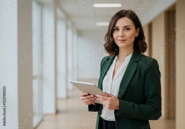 Obraz Portrait of a businesswoman in green formal wear holding a tablet computer.