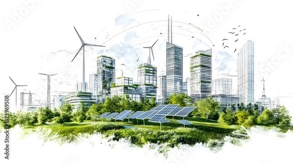 Fototapeta A Futuristic Sustainable City Thrust into the Future with Renewable Energy Innovations and Green Architecture