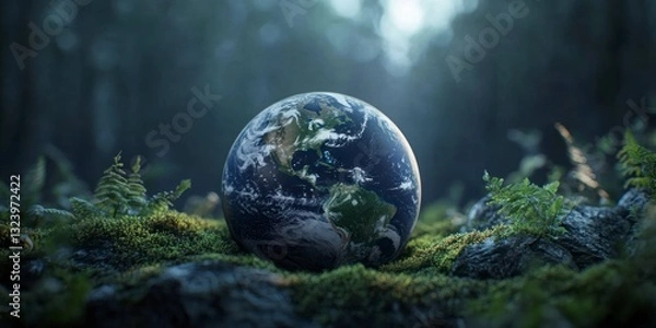 Fototapeta Earth Globe Resting on Moss in Forest with Soft Lighting Effect