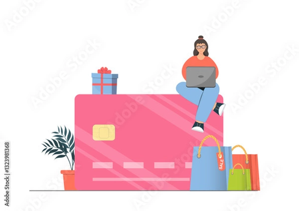 Fototapeta Woman doing online shopping via internet, Credit card or contactless payment concept, using laptop for online payment, flat vector illustration