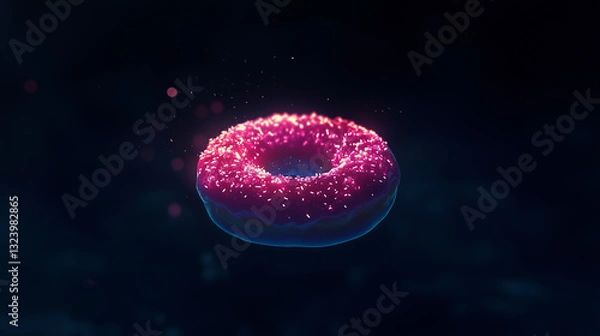 Obraz A vibrant pink donut with glowing sprinkles levitates against a dark background. The 3D render showcases neonlike effects,