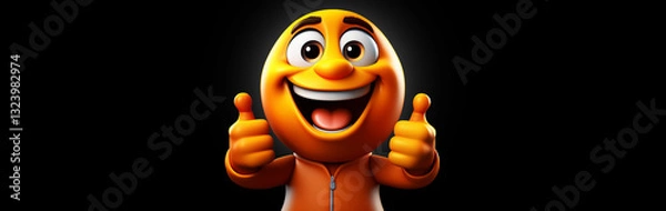 Obraz Close-up of a three-dimensional happy yellow-orange smiling emoji with thumbs up, isolated on black background with copy space. Emoticon cute cartoon character. Blank wide banner. Generative Ai.