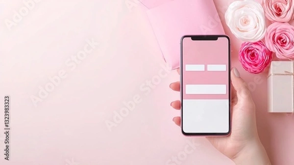 Obraz In a minimalist composition against a futuristic backdrop, a hand holds a smartphone displaying an online shopping interface, with digital payment options visible. The sleek design and ample copy