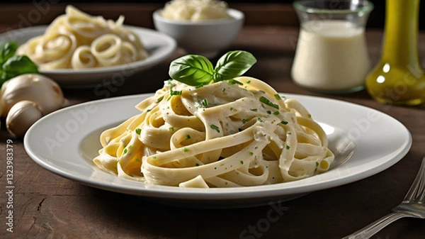 Fototapeta Plate of Fettuccini Alfredo with Garnish