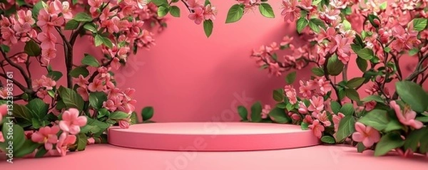 Fototapeta Vibrant Floral Display on Pedestal Amidst Blooming Branches Against Pastel Pink Background, Spring's Circle of Life in Full Bloom Nature-Inspired Decor with Circular Pedestal and Floral Accent