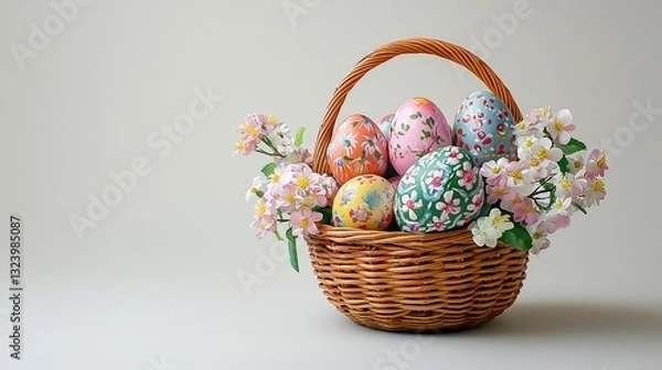 Fototapeta Painted Easter Eggs: Close-up Detail of Vibrant, Spring-Colored Masterpiece Inside a Delicate Easter Basket with Abundant Copy Space on a Clean White Background.