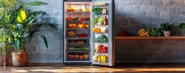 Fototapeta Silver Refrigerator Shelf Fully Open Inside, Door Ajar, Lots of Food on Full Display