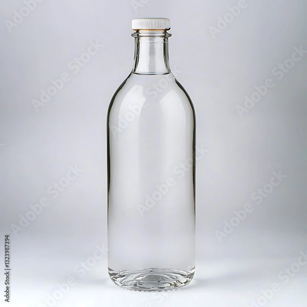 Fototapeta Clear glass bottle water container studio setting product photography minimalist environment front view beverage concept