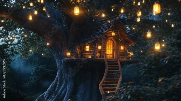Fototapeta A cozy wooden house built inside the trunk of a massive tree, illuminated by tiny floating lanterns
