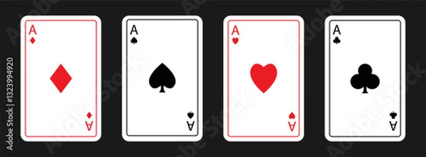 Fototapeta Playing card set. Four aces icon. Poker cards suits. Hearts, diamonds, clubs, spades ace. Las Vegas Casino gambling concept. Winning poker hand. Simple flat design. Isolated. Black background. Vector