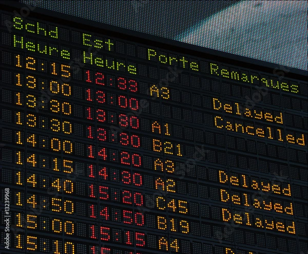 Fototapeta Airport information board, delay, cancelation