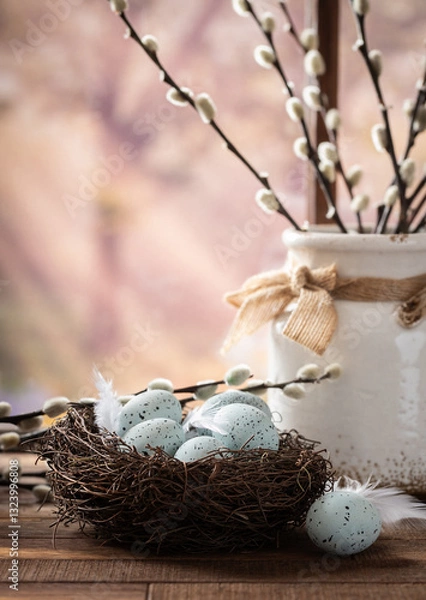 Obraz Speckled eggs in a nest with pussy willow branchs