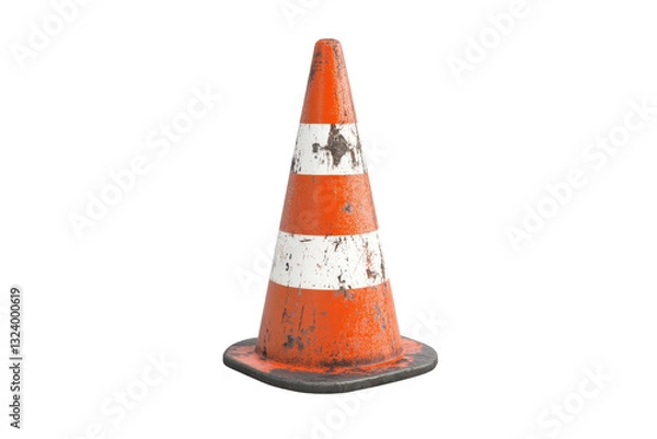 Obraz A weathered orange traffic cone rests on a clean white surface, showcasing urban wear and tear isolated on transparent background
