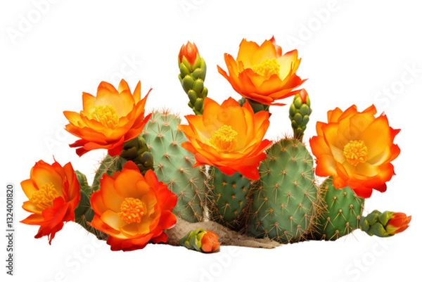Fototapeta Orange cactus flowers in full bloom with a focus on the contrast between the bright petals isolated on white background