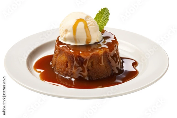 Fototapeta A warm, decadent sticky date pudding topped with a generous scoop of vanilla ice cream drizzled with caramel sauce, isolated on white background