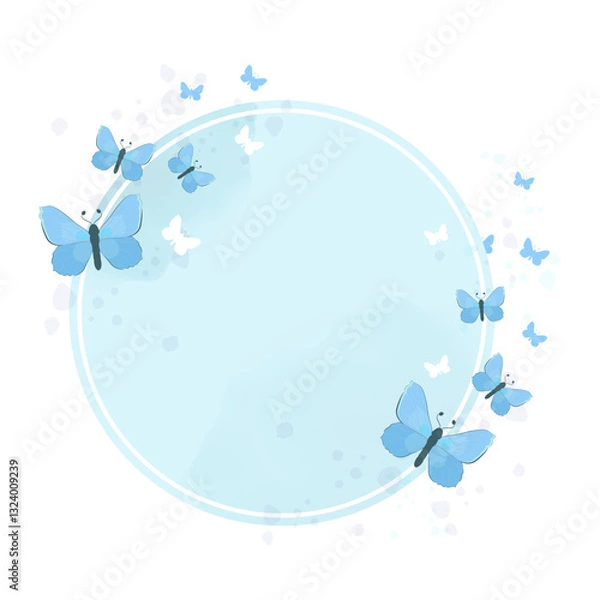 Obraz Delicate Circular Frame with Blue Butterflies and Soft Watercolor Background. Hand-Drawn Border for Wedding Invitations, Greeting Cards, Branding, and Romantic Design Projects.